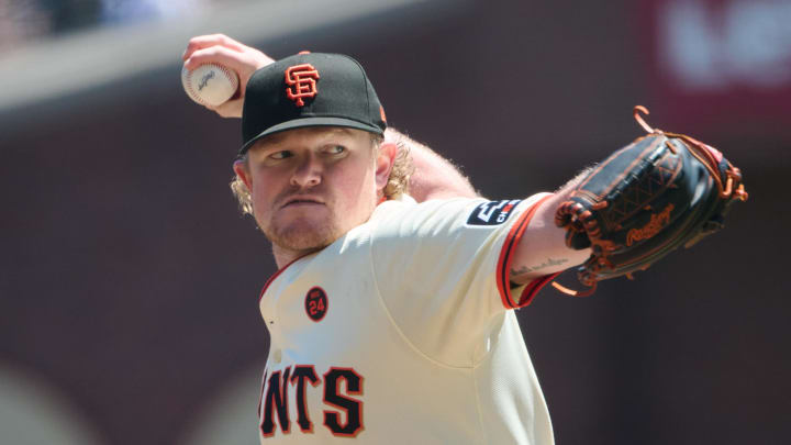 Aug 10, 2024; San Francisco, California, USA; San Francisco Giants starting pitcher Logan Webb (62) throws a pitch against the Detroit Tigers during the first inning at Oracle Park.