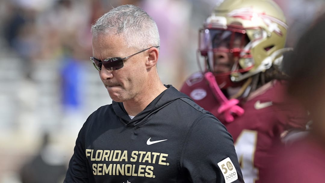 Oct 11, 2025; Tallahassee, Florida, USA; Florida State Seminoles head coach Mike Norvell after losing the game to the Pittsburgh Panthers at Doak S. Campbell Stadium. Mandatory Credit: Melina Myers-Imagn Images