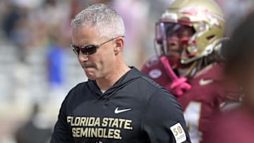Oct 11, 2025; Tallahassee, Florida, USA; Florida State Seminoles head coach Mike Norvell after losing the game to the Pittsburgh Panthers at Doak S. Campbell Stadium. Mandatory Credit: Melina Myers-Imagn Images