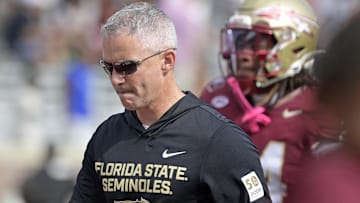 Oct 11, 2025; Tallahassee, Florida, USA; Florida State Seminoles head coach Mike Norvell after losing the game to the Pittsburgh Panthers at Doak S. Campbell Stadium. Mandatory Credit: Melina Myers-Imagn Images