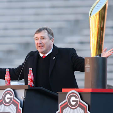 Jan 14, 2023; Athens, GA, USA; Georgia Bulldogs head coach Kirby Smart speaks at the national championship celebration at Sanford Stadium. Mandatory Credit: Brett Davis-Imagn Images