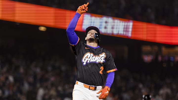 May 13, 2025; San Francisco, California, USA; San Francisco Giants shortstop Willy Adames (2) gestures as he runs the bases after hitting a two-run home run against the Arizona Diamondbacks during the fifth inning at Oracle Park.