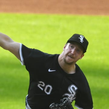 Jul 3, 2024; Cleveland, Ohio, USA; Chicago White Sox starting pitcher Erick Fedde (20) delivers a pitch in the first inning against the Cleveland Guardians at Progressive Field. Mandatory Credit: David Richard-USA TODAY Sports