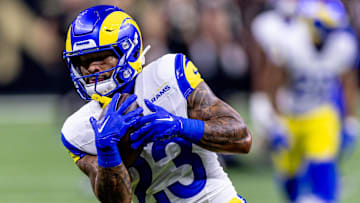 Dec 1, 2024; New Orleans, Louisiana, USA;  Los Angeles Rams running back Kyren Williams (23) during warms up against the New Orleans Saints at Caesars Superdome. Mandatory Credit: Stephen Lew-Imagn Images