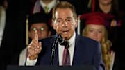 May 1, 2025; Tuscaloosa, AL, USA; Former football coach Nick Saban introduces President Donald Trump during a special commencement ceremony at the University of Alabama.