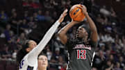 March 10, 2025; Las Vegas, NV, USA; Washington State Cougars forward Dayana Mendes (13) shoots the basketball against Portland Pilots forward Alexis Mark (35) during the second half in the semifinal of the West Coast Conference tournament at Orleans Arena. Mandatory Credit: Kyle Terada-Imagn Images