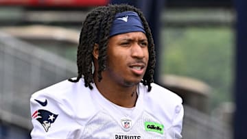 Jun 9, 2025; Foxborough, MA, USA; New England Patriots wide receiver Kyle Williams (18) walks to the practice fields at Gillette Stadium. Mandatory Credit: Eric Canha-Imagn Images