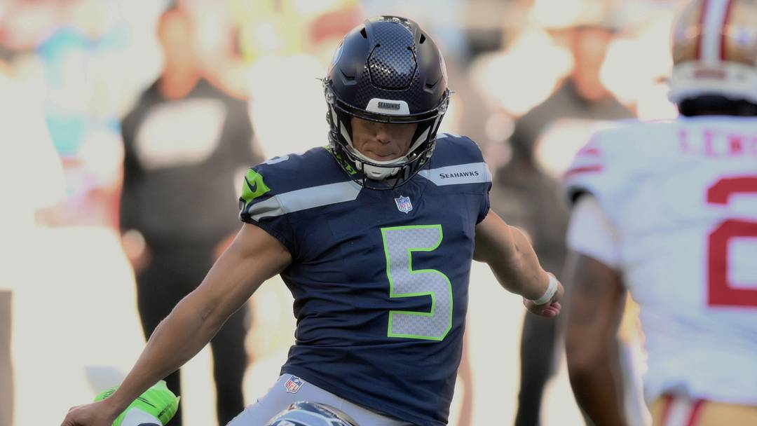 Oct 11, 2026; Seattle, Washington, USA;  Seattle Seahawks placekicker Jason Myers (5) kicks a forty-three yard field goal held by punter Michael Dickson (4) against the San Francisco 49ers during the third quarter at Lumen Field.  Mandatory Credit: Steven Bisig-Imagn Images