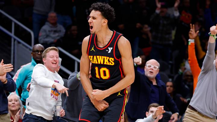 Zaccharie Risacher #10 of the Atlanta Hawks reacts against the Detroit Pistons.