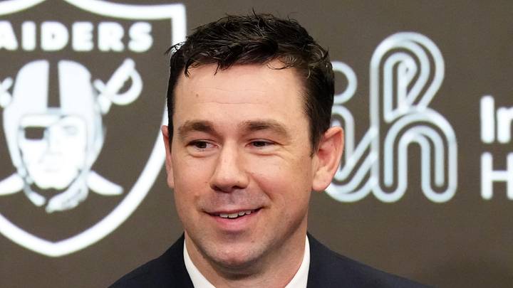 Feb 10, 2026; Henderson, NV, USA; Las Vegas Raiders coach Klint Kubiak speaks at introductory press conference at Intermountain Health Performance Center. Mandatory Credit: Kirby Lee-Imagn Images