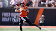Oklahoma State's Zane Flores (6) throws a pass in the first half of the college football game between the Oklahoma State Cowboys and the Baylor Bears at Boone Pickens Stadium in Stillwater, Okla., Saturday, Sept. 27, 2025.