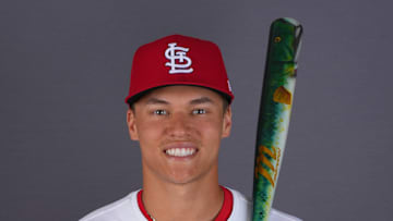 Feb 20, 2025; Jupiter, FL, USA;  St. Louis Cardinals infielder JJ Wetherholt (87). Mandatory Credit: Jim Rassol-Imagn Images