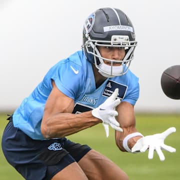 Tennessee Titans wider receiver Elic Ayomanor makes a catch as he goes through drills during Rookie Mini Camp at Saint Thomas Sports Park. Mandatory Credit: Steve Roberts-Imagn Images