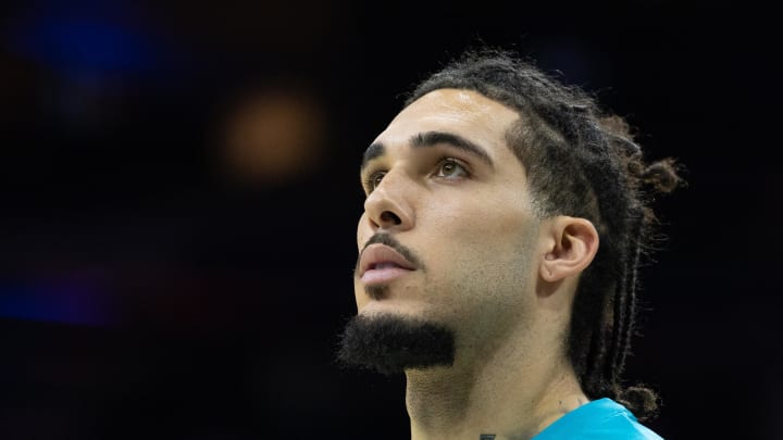 Oct 12, 2022; Philadelphia, Pennsylvania, USA; Charlotte Hornets guard LiAngelo Ball before a game against the Philadelphia 76ers at Wells Fargo Center. Mandatory Credit: Bill Streicher-USA TODAY Sports