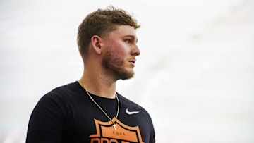 Former Longhorns Quinn Ewers participates in Texas's Pro Day at the Texas Football Training Facility on Tuesday, March 25, 2025.