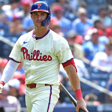 Jul 29, 2024; Philadelphia, Pennsylvania, USA; Philadelphia Phillies outfielder Austin Hays (9) against the Cleveland Guardians at Citizens Bank Park