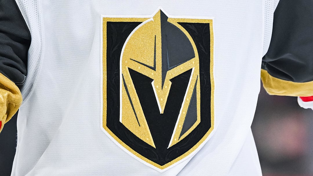 Nov 23, 2024; Montreal, Quebec, CAN; View of a Las Vegas Golden Knights logo on a jersey worn by a member of the team during the second period at Bell Centre. Mandatory Credit: David Kirouac-Imagn Images