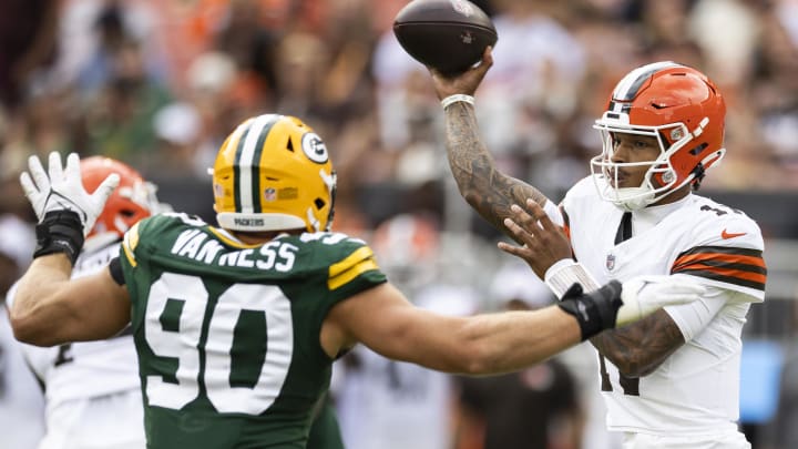 Green Bay Packers defensive end Lukas Van Ness was in the face of the Browns' quarterbacks on Saturday.