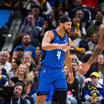 Nov 19, 2023; Indianapolis, Indiana, USA; Orlando Magic forward Paolo Banchero (5)  celebrates his made slam dunk with guard Jalen Suggs (4) in the first half against the Indiana Pacers at Gainbridge Fieldhouse. 