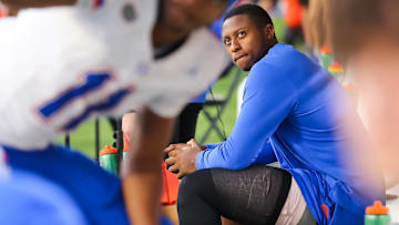 Florida Gators quarterback DJ Lagway (2) sits on the bench injured during the second half at EverBank Stadium in Jacksonville, FL on Saturday, November 2, 2024. The Bulldogs defeated the Gators 34-20. [Doug Engle/Gainesville Sun]