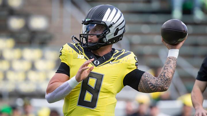 Oregon quarterback Dillon Gabriel throws a pass during warmups as the No. 1 Oregon Ducks host the No. 21 Illinois Fighting Illini Saturday, Oct. 26, 2024 at Autzen Stadium in Eugene, Ore.