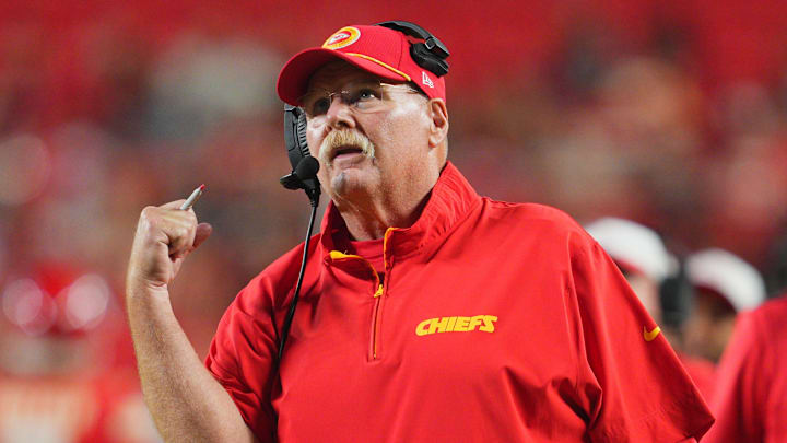 Aug 22, 2024; Kansas City, Missouri, USA; Kansas City Chiefs head coach Andy Reid reacts to a touchdown during the second half against the Chicago Bears at GEHA Field at Arrowhead Stadium. Mandatory Credit: Jay Biggerstaff-Imagn Images