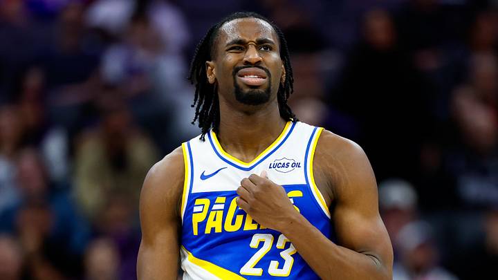 Indiana Pacers guard Aaron Nesmith (23) reacts after a foul by Sacramento Kings guard Nique Clifford (5) during the fourth quarter at Golden 1 Center.