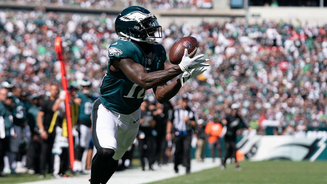 Sep 19, 2021; Philadelphia, Pennsylvania, USA; Philadelphia Eagles wide receiver Jalen Reagor (18) in action against the San Francisco 49ers at Lincoln Financial Field. Mandatory Credit: Bill Streicher-Imagn Images