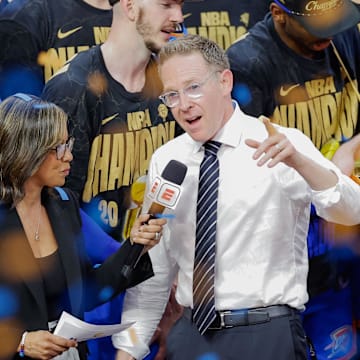 Jun 22, 2025; Oklahoma City, Oklahoma, USA; Oklahoma City Thunder general manager Sam Presti speaks during the championship ceremony after his team defeated the Indiana Pacers in game seven of the 2025 NBA Finals at Paycom Center. Mandatory Credit: Alonzo Adams-Imagn Images