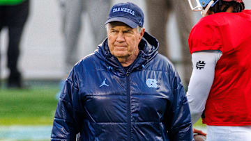 Head coach Bill Belichick of the North Carolina Tar Heels coaches at Kenan Stadium on April 12, 2025 in Chapel Hill, North Carolina.