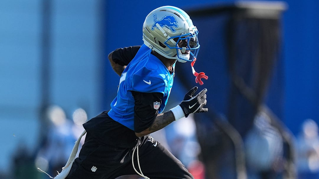 Detroit Lions wide receiver Jameson Williams (1) practices during training camp at Meijer Performance Center in Allen Park on Monday, July 21, 2025.