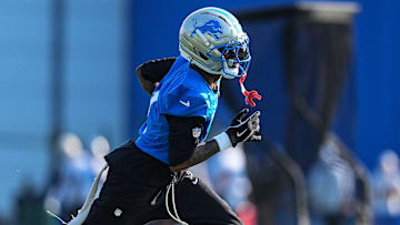 Detroit Lions wide receiver Jameson Williams (1) practices during training camp at Meijer Performance Center in Allen Park on Monday, July 21, 2025.