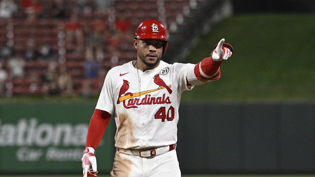 Sep 15, 2025; St. Louis, Missouri, USA; St. Louis Cardinals first baseman Willson Contreras (40) celebrates after hitting a RBI single against the Cincinnati Reds in the sixth inning at Busch Stadium. Mandatory Credit: Joe Puetz-Imagn Images Sep 15, 2025; St. Louis, Missouri, USA; St. Louis Cardinals first baseman Willson Contreras (40) celebrates after hitting a RBI single against the Cincinnati Reds in the sixth inning at Busch Stadium. Mandatory Credit: Joe Puetz-Imagn Images