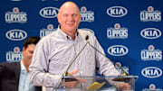 July 24, 2019; Los Angeles, CA, USA; Los Angeles Clippers owner Steve Ballmer speaks before introducing newly signed players Paul George and Kawhi Leonard at Green Meadows Recreation Center. Mandatory Credit: Gary A. Vasquez-Imagn Images
