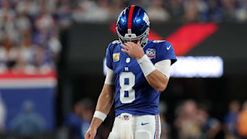 Sep 26, 2024; East Rutherford, New Jersey, USA; New York Giants quarterback Daniel Jones (8) reacts during the second quarter against the Dallas Cowboys at MetLife Stadium. Mandatory Credit: Brad Penner-Imagn Images