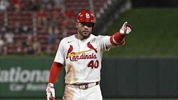 Sep 15, 2025; St. Louis, Missouri, USA; St. Louis Cardinals first baseman Willson Contreras (40) celebrates after hitting a RBI single against the Cincinnati Reds in the sixth inning at Busch Stadium. Mandatory Credit: Joe Puetz-Imagn Images