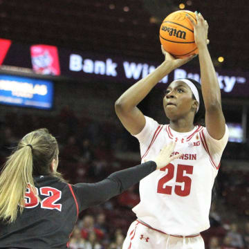 Wisconsin's Serah Williams shoots a jumper during a WNIT game at the Kohl Center in Madison, Wis., on Thursday, March 28, 2024.
