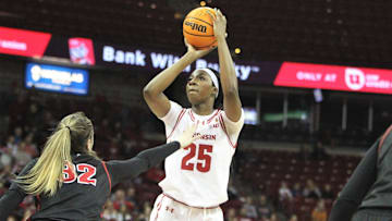 Wisconsin's Serah Williams shoots a jumper during a WNIT game at the Kohl Center in Madison, Wisconsin on Thursday March 28, 2024.