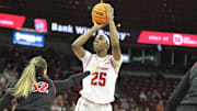 Wisconsin's Serah Williams shoots a jumper during a WNIT game at the Kohl Center in Madison, Wisconsin on Thursday March 28, 2024.