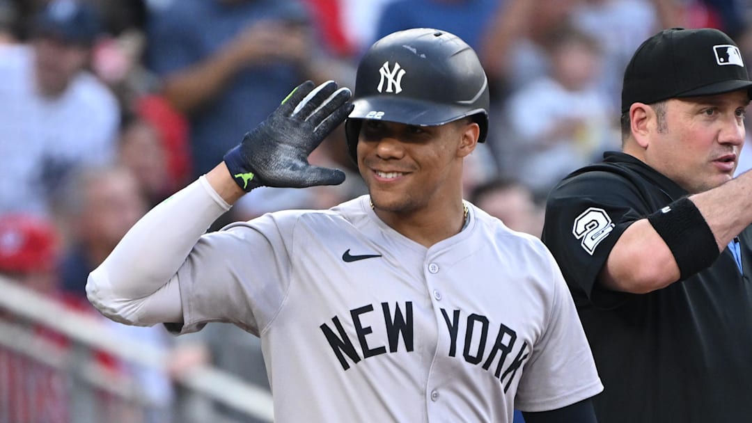 Aug 26, 2024; Washington, District of Columbia, USA; New York Yankees right fielder Juan Soto (22) salutes the Washington Nationals bench before an at bat during the first inning at Nationals Park.