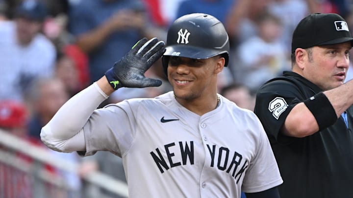 Aug 26, 2024; Washington, District of Columbia, USA; New York Yankees right fielder Juan Soto (22) salutes the Washington Nationals bench before an at bat during the first inning at Nationals Park.