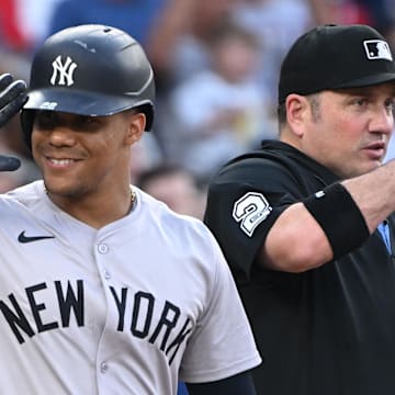 Aug 26, 2024; Washington, District of Columbia, USA; New York Yankees right fielder Juan Soto (22) salutes the Washington Nationals bench before an at bat during the first inning at Nationals Park.