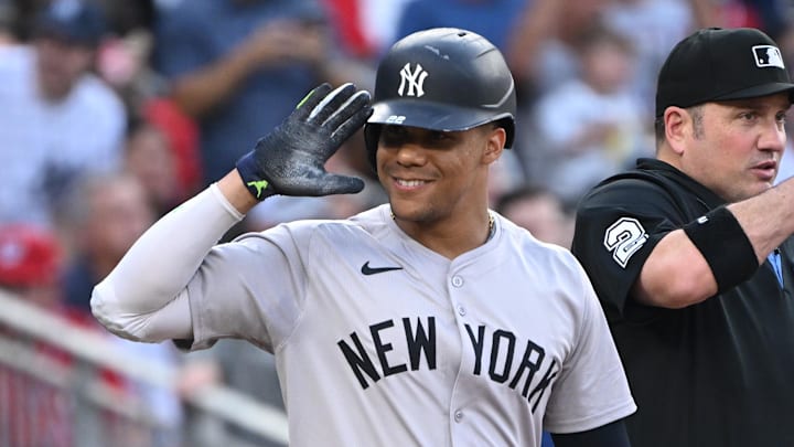 Aug 26, 2024; Washington, District of Columbia, USA; New York Yankees right fielder Juan Soto (22) salutes the Washington Nationals bench before an at bat during the first inning at Nationals Park.