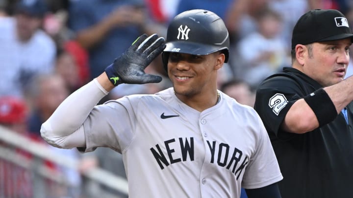 Aug 26, 2024; Washington, District of Columbia, USA; New York Yankees right fielder Juan Soto salutes the Washington Nationals bench.