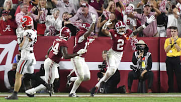 Sep 28, 2024; Tuscaloosa, Alabama, USA;  Alabama Crimson Tide defensive back Zabien Brown (2) celebrates after making a game-saving interception of a pass from Georgia Bulldogs quarterback Carson Beck (not pictured) at Bryant-Denny Stadium. Alabama defeated Georgia 41-34. Mandatory Credit: Gary Cosby Jr.-Imagn Images