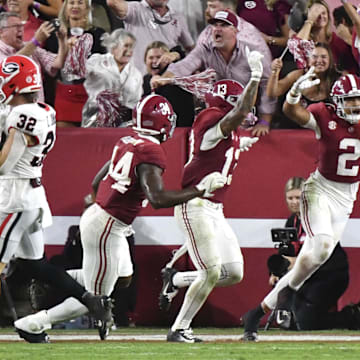 Sep 28, 2024; Tuscaloosa, Alabama, USA;  Alabama Crimson Tide defensive back Zabien Brown (2) celebrates after making a game-saving interception of a pass from Georgia Bulldogs quarterback Carson Beck (not pictured) at Bryant-Denny Stadium. Alabama defeated Georgia 41-34. Mandatory Credit: Gary Cosby Jr.-Imagn Images