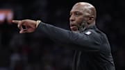Apr 3, 2025; Toronto, Ontario, CAN: Portland Trail Blazers head coach Chauncey Billups gestures to his team during the second half against the Toronto Raptors at Scotiabank Arena. Mandatory Credit: John E. Sokolowski-Imagn Images