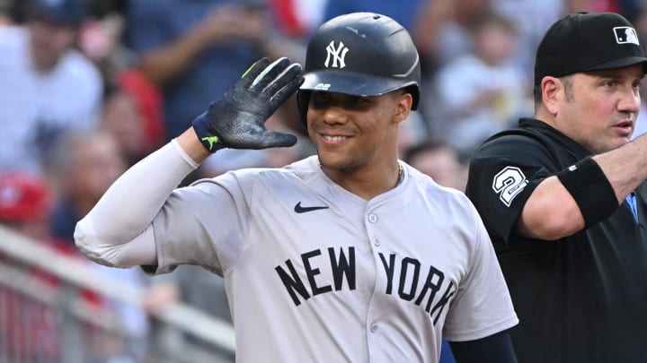 Aug 26, 2024; Washington, District of Columbia, USA; New York Yankees right fielder Juan Soto (22) salutes the Washington Nationals bench before an at bat during the first inning at Nationals Park. Mandatory Credit: Rafael Suanes-USA TODAY Sports