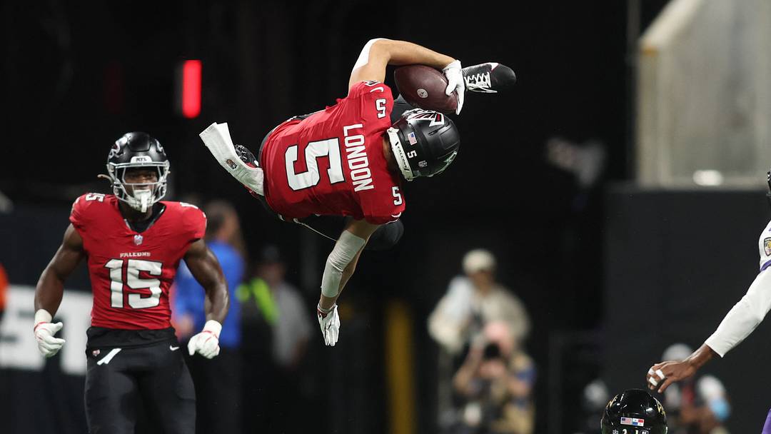 Atlanta Falcons wide receiver Drake London flies high with Michael Penix Jr. at quarterback.