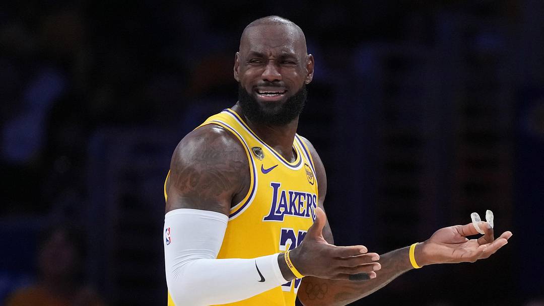 Apr 18, 2026; Los Angeles, California, USA; Los Angeles Lakers forward LeBron James (23) reacts against the Houston Rockets in the second half during game one of the first round of the 2026 NBA Playoffs at Crypto.com Arena. Mandatory Credit: Kirby Lee-Imagn Images Apr 18, 2026; Los Angeles, California, USA; Los Angeles Lakers forward LeBron James (23) reacts against the Houston Rockets in the second half during game one of the first round of the 2026 NBA Playoffs at Crypto.com Arena. Mandatory Credit: Kirby Lee-Imagn Images